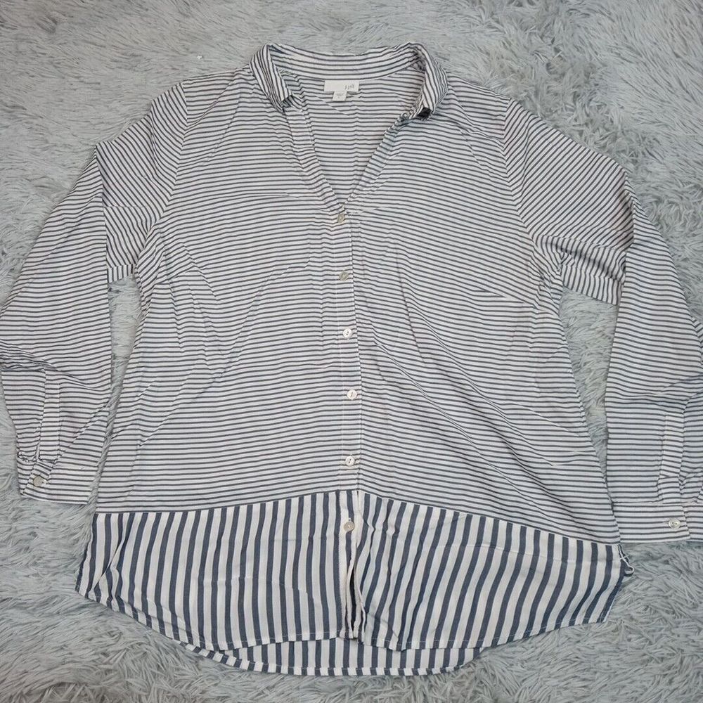 J. Jill Shirt Womens L Blue Stripes Button Up‎ Blouse V Neck Lightweight Soft